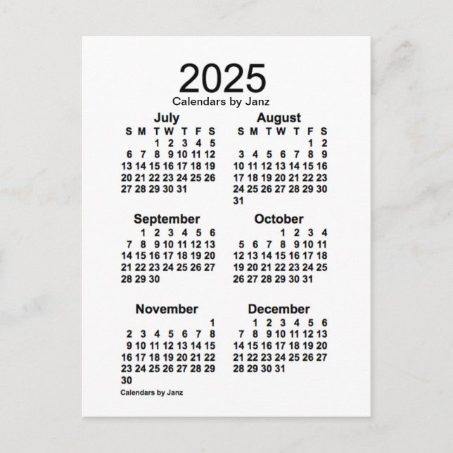 Postal Calendario Mini de 6 Meses Blanco 2025 de Janz (Anverso)