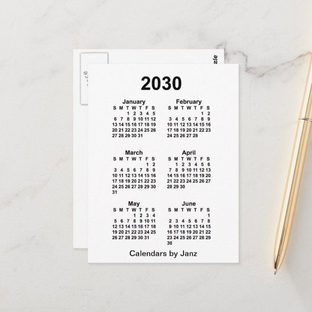 Postal Calendario Mini de 6 Meses Blanco 2030 de Janz (Anverso/Reverso In Situ)