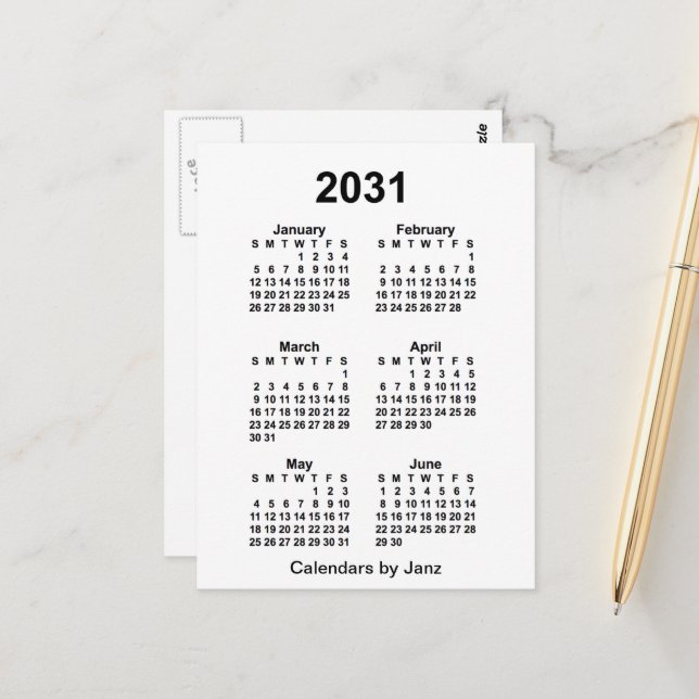Postal Calendario Mini de 6 Meses Blanco 2031 por Janz (Anverso/Reverso In Situ)