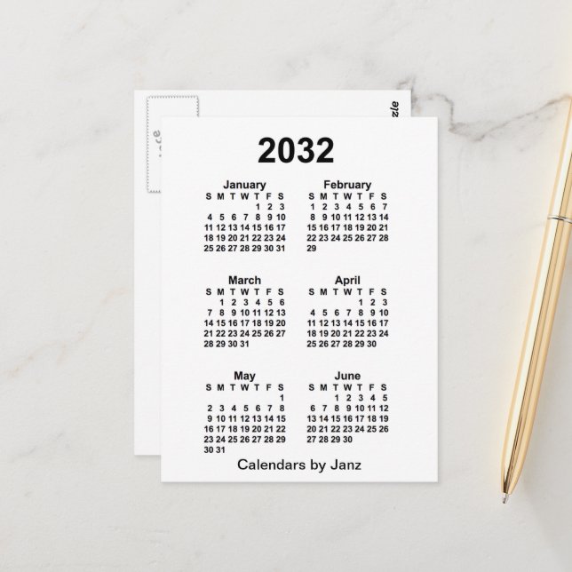 Postal Calendario Mini de 6 Meses Blanco 2032 de Janz (Anverso/Reverso In Situ)