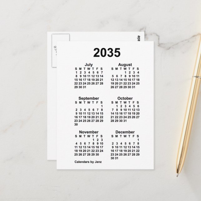 Postal Calendario Mini de 6 Meses Blanco 2035 de Janz (Anverso/Reverso In Situ)