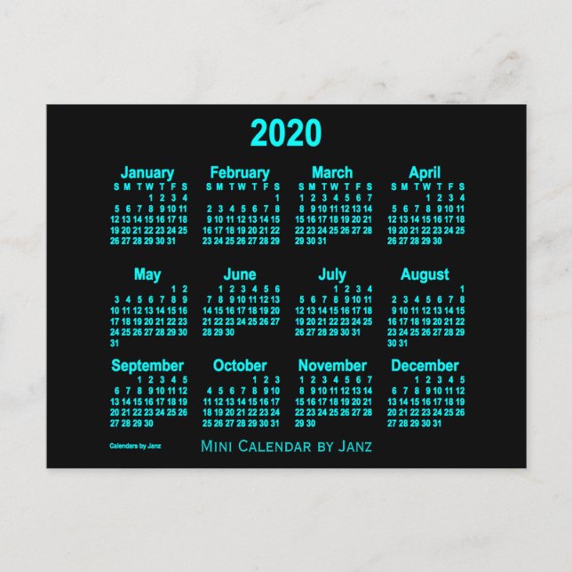 Postal Calendario Mini Neon Azul 2020 por Janz (Anverso)