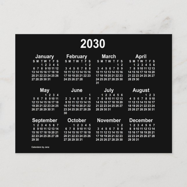 Postal Calendario Mini Neon Blanco 2030 de Janz (Anverso)