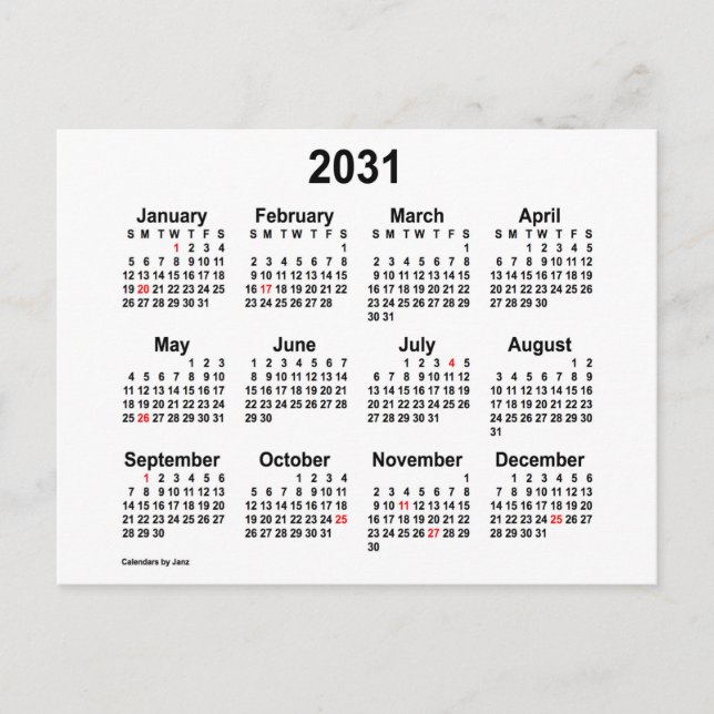 Postal Calendario Mini Vacaciones Blanco 2031 por Janz (Anverso)