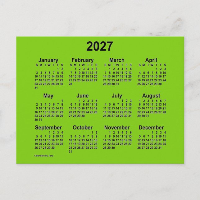 Postal Calendario Mini Verde Amarillo 2027 de Janz (Anverso)