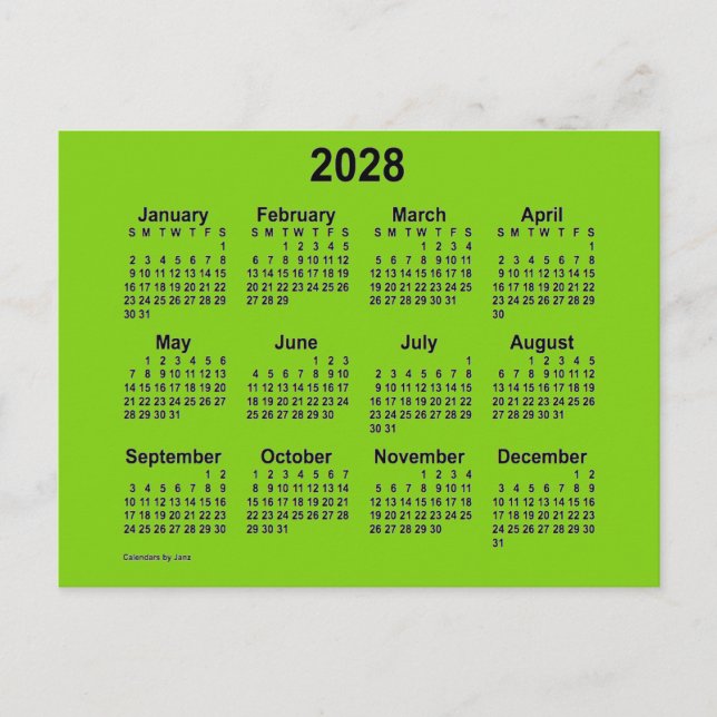 Postal Calendario Mini Verde Amarillo 2028 de Janz (Anverso)