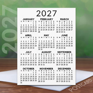 Postal Calendario Mínimo 2027 - Vista Anual en Blanco y N