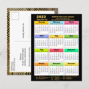 Postal Calendario moderno de 2023 con guiones de oro negr