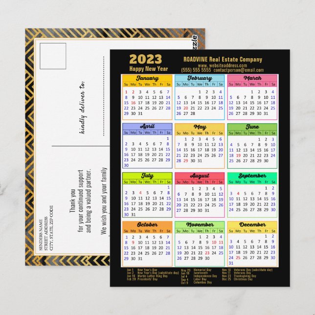 Postal Calendario moderno de 2023 con guiones de oro negr (Anverso / Reverso)