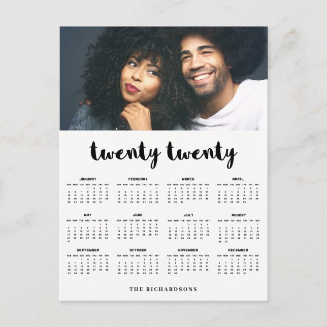 Postal Calendario moderno mínimo 2020 de la foto de la (Anverso)