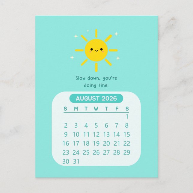 Postal Calendario Motivacional Mensual de Kawaii de 2026 (Anverso)