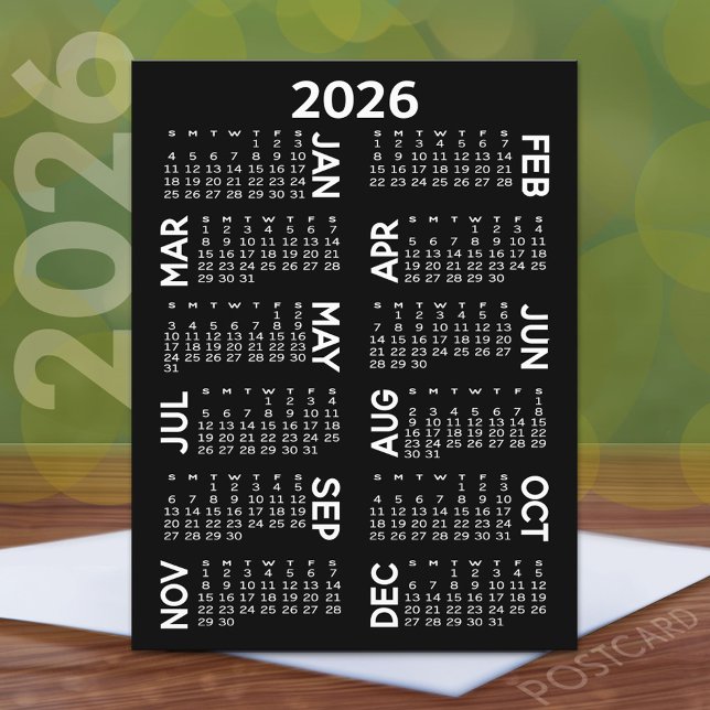 Postal Calendario - nombres de desplazamiento en blanco y (2026 Calendar Postcard)