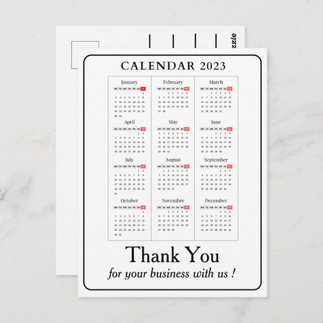 Postal Calendario Simple 2023 Agradecimiento Empresarial  (Anverso / Reverso)