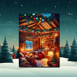 Postal Cálido y acogedor Log Cabin Christmas Greetings