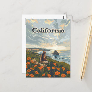 Postal California Bear Poppies Flowers Coast Retro