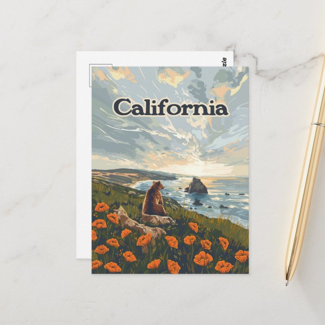 Postal California Bear Poppies Flowers Coast Retro (Anverso/Reverso In Situ)
