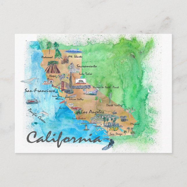 Postal California con mapa turístico (Anverso)