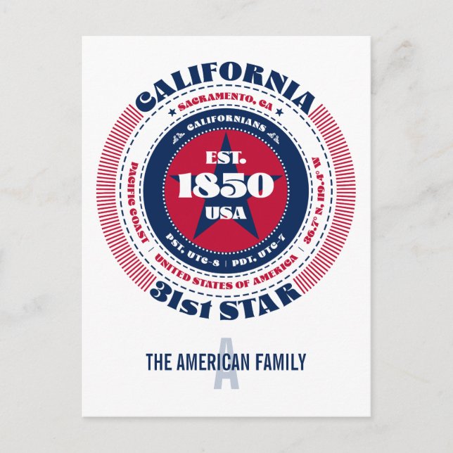Postal California, Sacramento, CA, Patriótico, Monograma (Anverso)