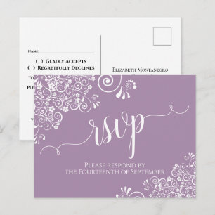 Postal Caligrafía Blanca Lacy RSVP de Boda Polvo Púrpura