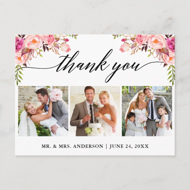 Postal Caligrafía Boda Floral Rosa 3 Foto Gracias (Anverso)