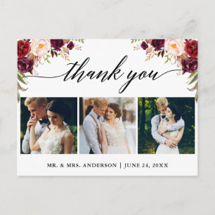 Postal Caligrafía Burdeos Agradecimiento de Foto de Boda