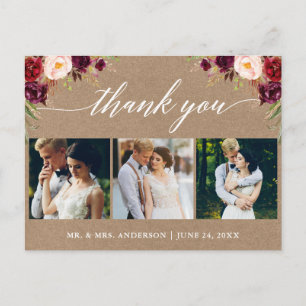 Postal Caligrafía Burdeos Agradecimiento Foto Boda Kraft