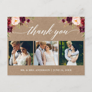 Postal Caligrafía Burgundy Boda Foto Kraft Gracias