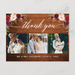 Postal Caligrafía Burgundy Boda Foto Madera Agradecimient