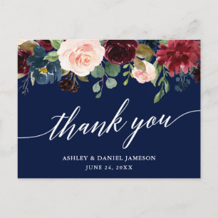 Postal Caligrafía Burgundy Floral Boda Azul Agradecimient