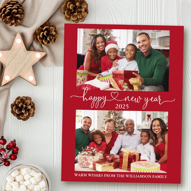 Postal Caligrafía Corazón Feliz Año Nuevo Rojo 2 Foto (Customize to change your personalized text size or text style.)