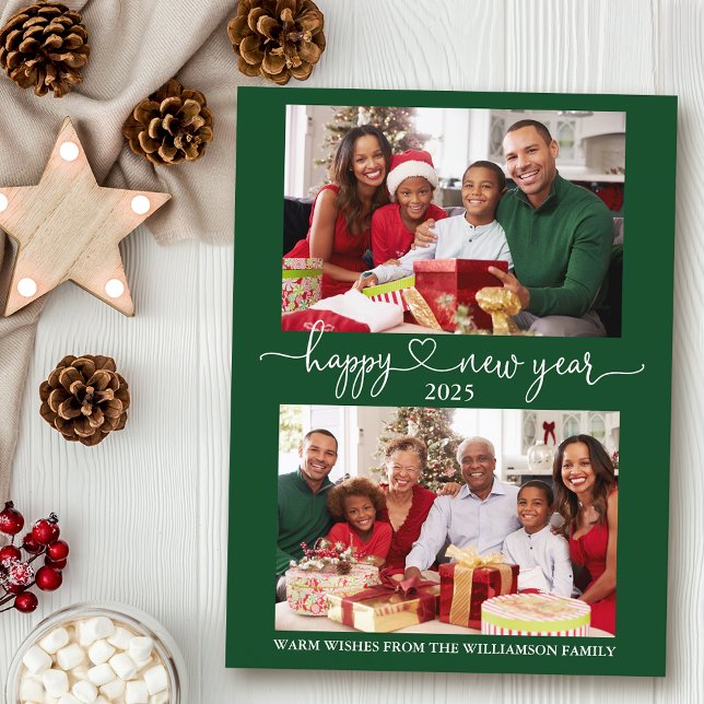 Postal Caligrafía Corazón Feliz Año Nuevo Verde 2 Foto (Customize to change your personalized text size or text style.)