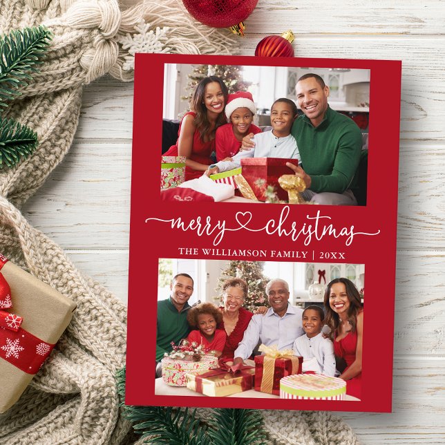 Postal Caligrafía Corazón Feliz Navidad Rojo 2 Foto (Customize to change your personalized text size or text style.)