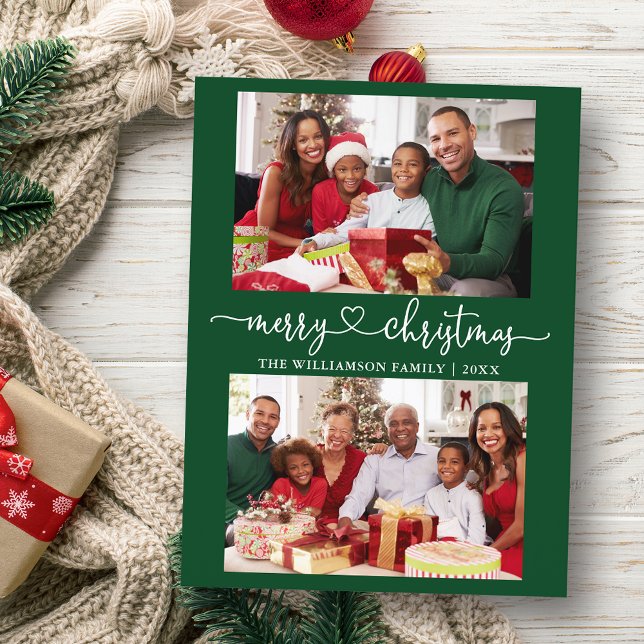 Postal Caligrafía Corazón Feliz Navidad Verde 2 Foto (Customize to change your personalized text size or text style.)