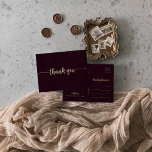 Postal Caligrafía de Borgoña de Oro Gracias<br><div class="desc">Esta tarjeta postal es perfecta para un boda rústico. El diseño, sencillo y elegante, presenta una tipografía de guion clásica y elegante de oro en un fondo marrón. Personalizar la parte posterior de la tarjeta postal, incluyendo sus nombres, dirección de retorno y un mensaje de agradecimiento. O bien, deje sin...</div>