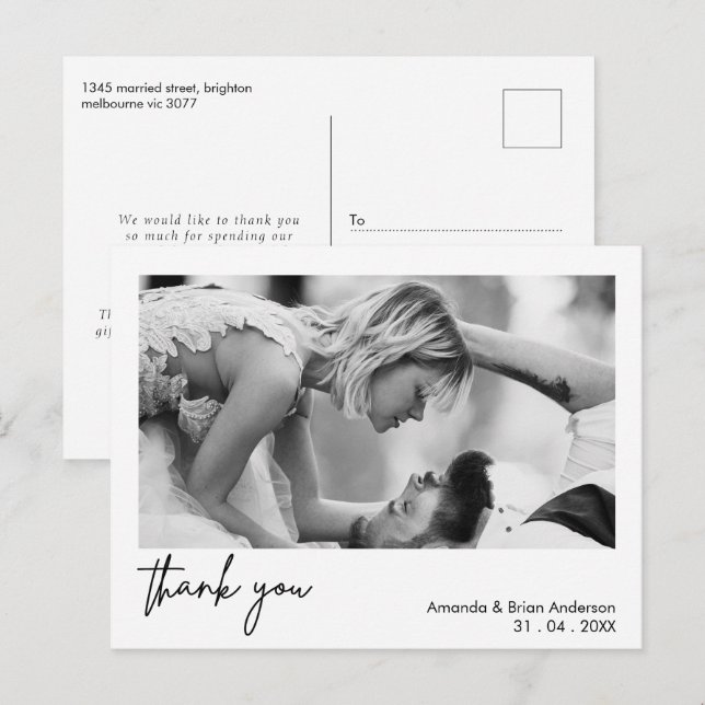 Postal Caligrafía de marco blanco Gracias Postcard Boda (Anverso / Reverso)