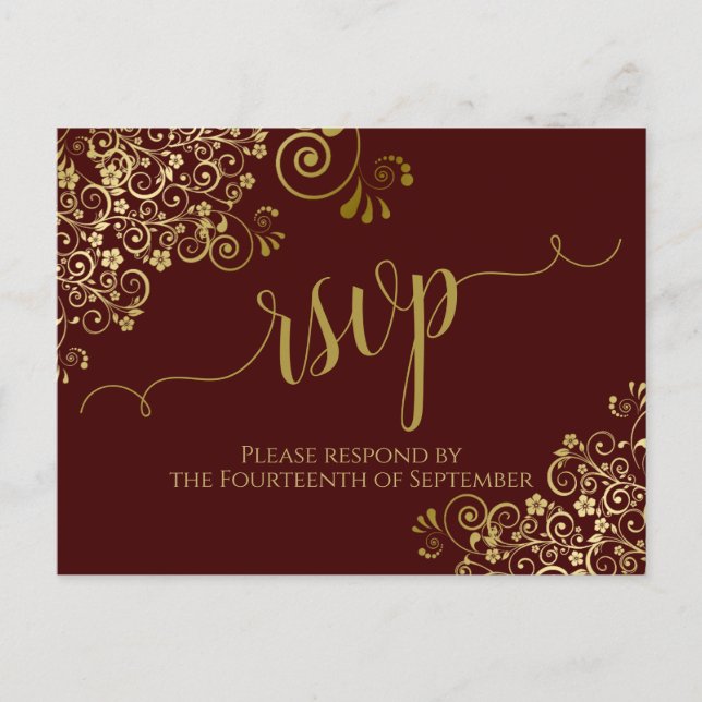 Postal Caligrafía de oro Auburn Brown Wedding RSVP (Anverso)