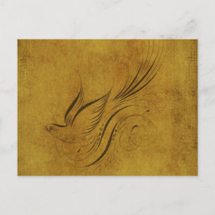 Postal Caligrafía de pájaro vintage sobre el oro