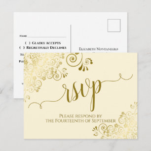 Postal Caligrafía Dorada Elegante Crema RSVP Boda