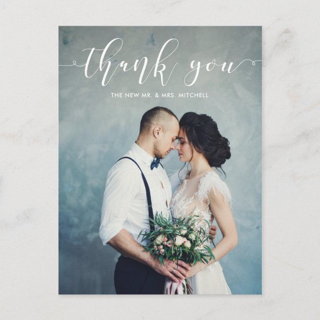 Postal Caligrafía elegante | Boda Gracias Foto (Anverso)