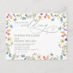 Postal Caligrafía elegante flores silvestres pastel boda