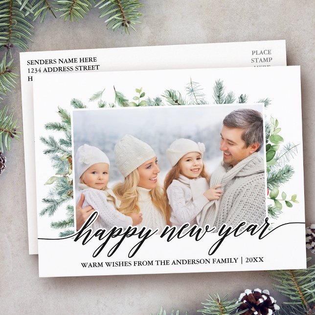 Postal Caligrafía Feliz Año Nuevo Fotografía de vegetació (Customize to change your personalized text size or text style.)