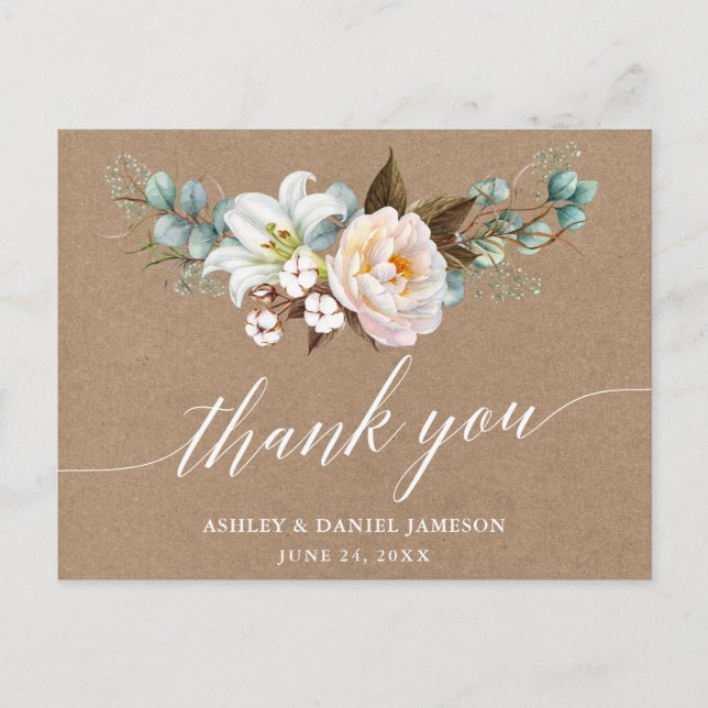 Postal Caligrafía Floral Botánica Boda Kraft Gracias (Anverso)