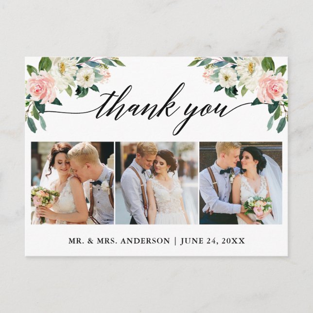 Postal Caligrafía floral rosa 3 Boda fotográfico Gracias (Anverso)