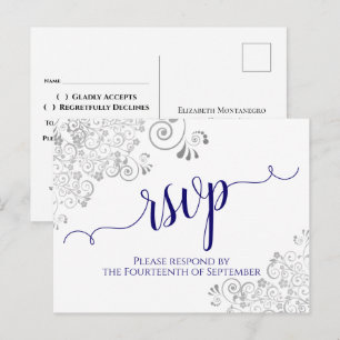 Postal Caligrafía Lacy Azul Marino sobre Blanco RSVP de B