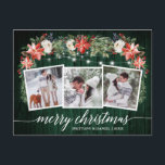 Postal Caligrafía Madera Verde 3 Foto Flora acuarela<br><div class="desc">Moderno y elegante guión de caligrafía,  acuarela floral de invierno,  hilo de luces de cadena Pareja 3 Fotografía La postal navideña incluye poinsettias rojas acuarelas,  rosas blancas,  bayas huecas,  conos de pino y vegetación botánica. Madera Verde Rústica.</div>