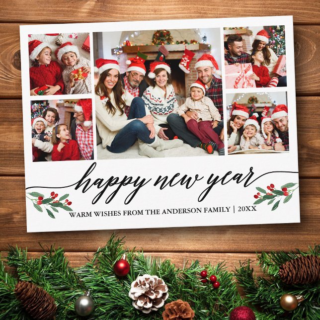 Postal Caligrafía moderna 5 Familia fotográfica Feliz Año (Customize to change your personalized text size or text style.)