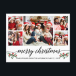 Postal Caligrafía moderna 5 Familia fotográfica Feliz Nav<br><div class="desc">Moderna caligrafía Script 5 Collage de fotos de la familia fotográfica Merry Christmas Postcard incluye Navidades de acuarela Holly Berries</div>