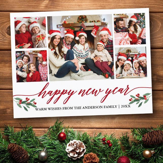 Postal Caligrafía moderna 5 Foto Feliz Año Nuevo Rojo (Customize to change your personalized text size or text style.)