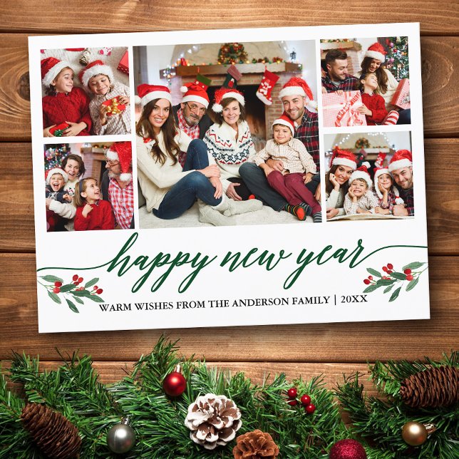 Postal Caligrafía moderna 5 Foto Feliz Año Nuevo Verde (Customize to change your personalized text size or text style.)