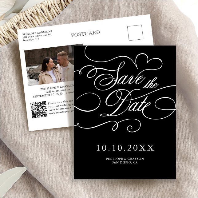 Postal Caligrafía moderna atemporal negro  Save the Date (Modern calligraphy timeless black Save the Date Postcard)